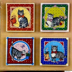 Vintage 1986 Kitty Cat Tile Trivet Coasters set of 4